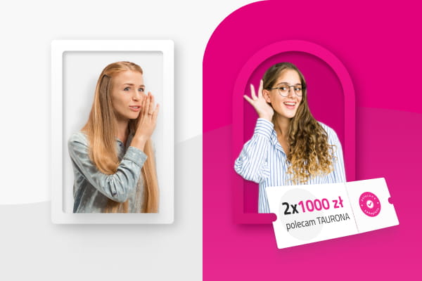 Grafika przedstawia dwie kobiety mówiące o rabacie 2 x 1000 zł dla osoby polecającej i osoby polecanej